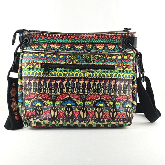 Sakroots Crossbody Medium Bag Coated Canvas Boho Art-To-Wear Multi Color Neon - Picture 3 of 16